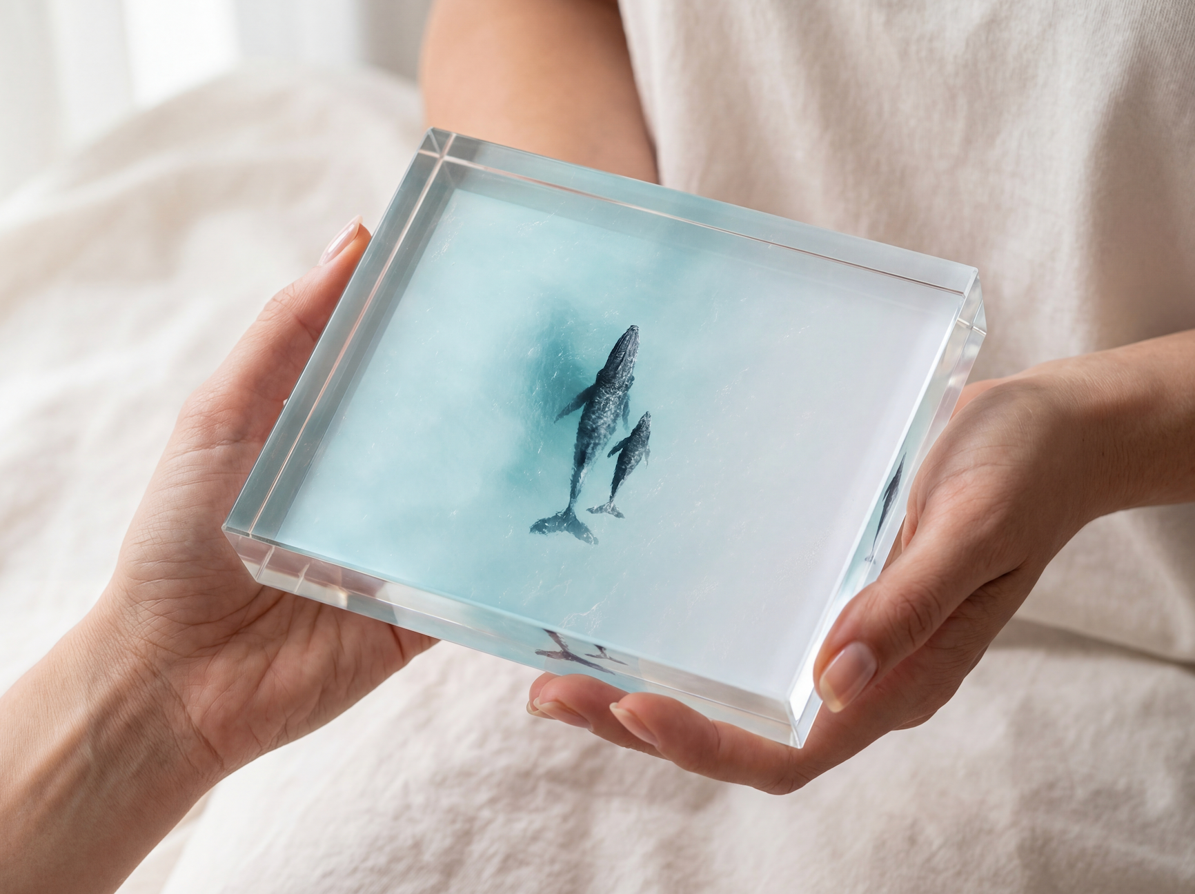 Acrylic photo block held in hands — fine art ocean photography by Saxon Kent