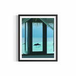 Dolphin in turquoise Indian Ocean framed through overwater villa window at Maldives — Window to Heaven by Saxon Kent