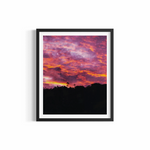 Dramatic magenta and orange sunset blazing over Byron Bay hinterland with palm silhouettes — Sunset Bliss by Saxon Kent