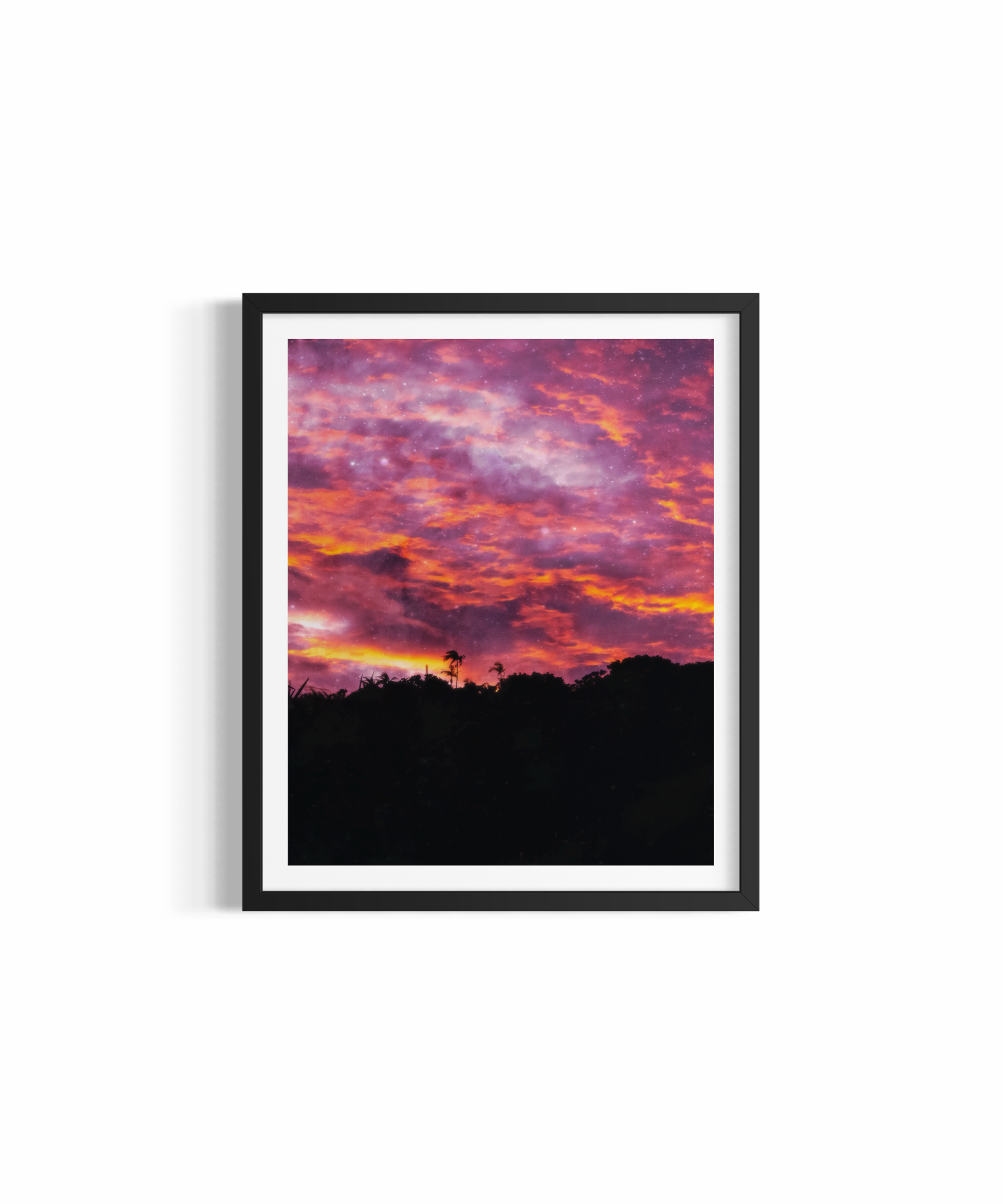 Dramatic magenta and orange sunset blazing over Byron Bay hinterland with palm silhouettes — Sunset Bliss by Saxon Kent