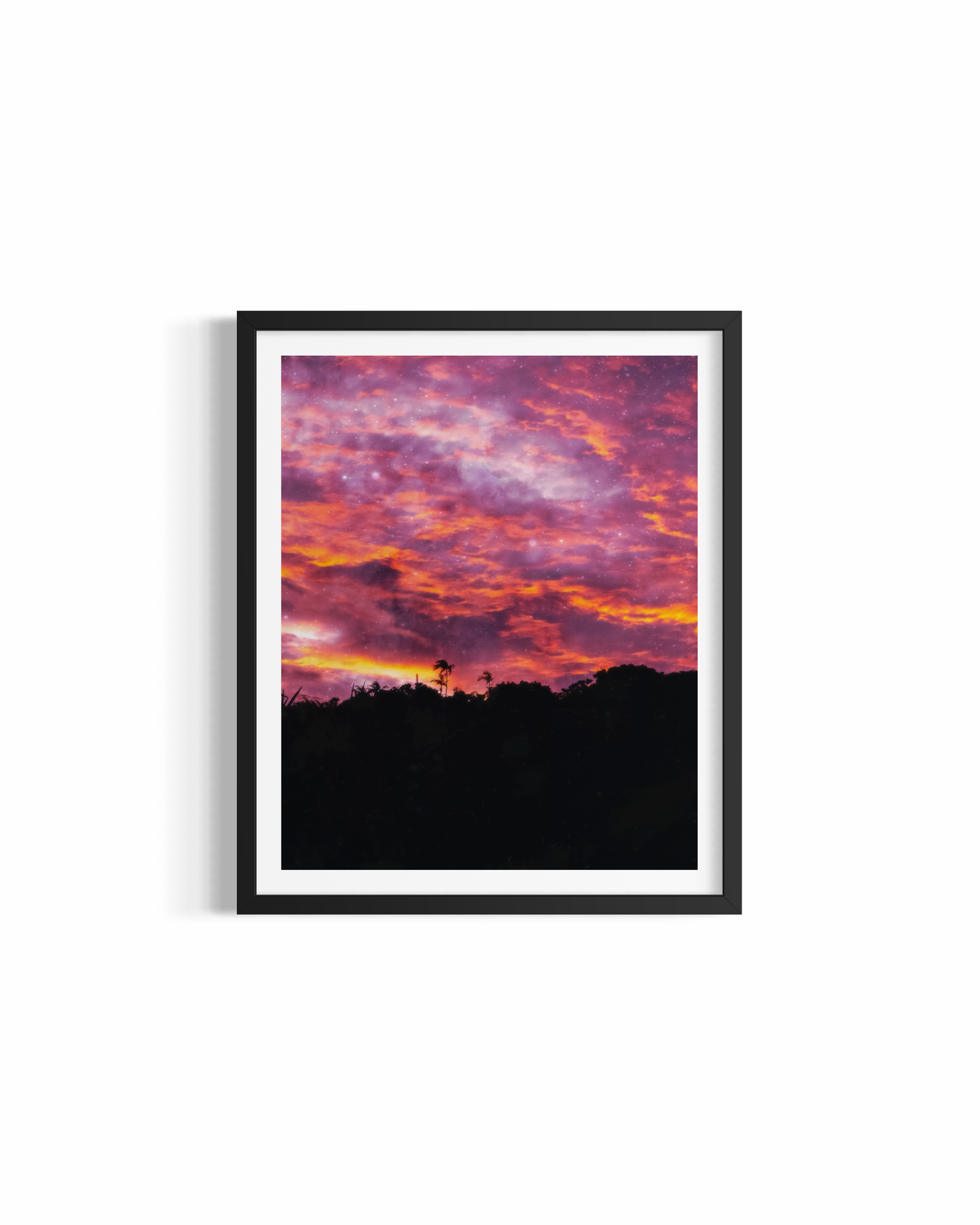 Dramatic magenta and orange sunset blazing over Byron Bay hinterland with palm silhouettes — Sunset Bliss by Saxon Kent