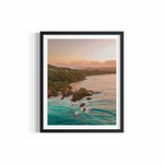 Aerial view of The Pass Byron Bay bathed in warm golden sunset light — A Classic fine art print by Saxon Kent