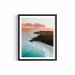 Aerial view of The Pass Byron Bay at pastel sunrise with Cape Byron Lighthouse in the distance — Pastels From the Pass by Saxon Kent