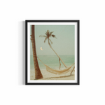 Crescent moon over palm-fringed turquoise water with hammock at golden hour in the Maldives — Coco Dream by Saxon Kent