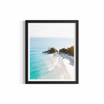 Aerial view of The Pass Byron Bay at sunrise with turquoise water and lone surfer — Morning Glow fine art print by Saxon Kent